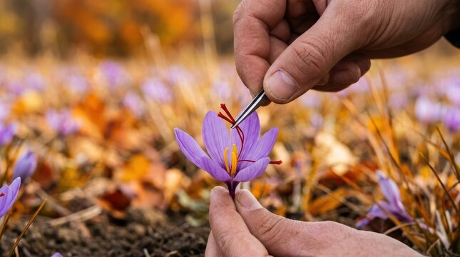 Manual Harvesting of Saffron Crocus Flowers in Autumn Field for Spice Production and Culinary Use