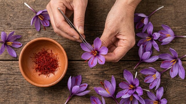 Person Harvesting Saffron Threads from Crocus Flowers with Tweezers for Culinary Spice Production
