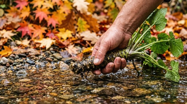Freshly Harvested Wasabi Root Held by Hand in Clear Mountain Stream with Autumn Leaves Background for Culinary Use