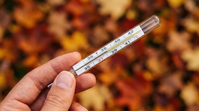 Hand holding glass medical thermometer showing high fever temperature against blurred autumn leaves background