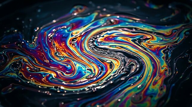 Abstract oil slick pattern with vibrant rainbow colors on dark water surface.