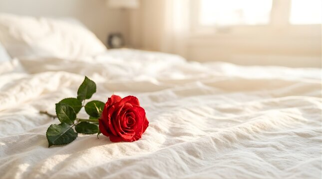 Red rose flower lying on a white bed sheet in a bright morning bedroom