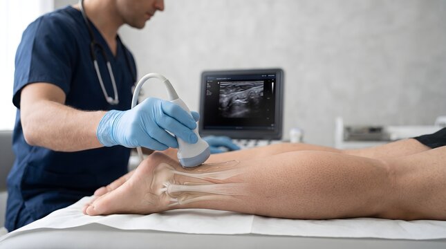 Doctor Performing Achilles Tendon Ultrasound Examination for Injury Diagnosis