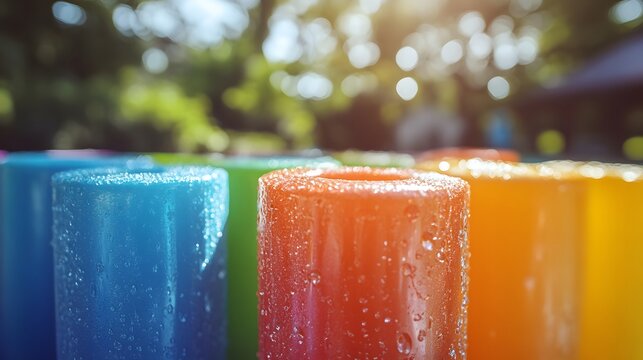 A close up of colorful pool noodles arranged in a row with water droplets glistening on their surfaces under bright sunlight outdoors showcasing vibrant playful aquatic decor for summer fun.
