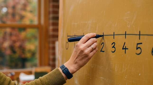 Teacher drawing a number line on a yellow board for math education in a classroom setting