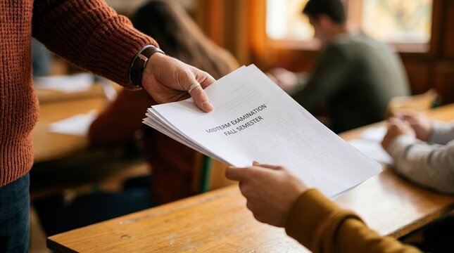 Teacher Handing Out Midterm Examination Papers to Student in Classroom Setting for Academic Assessment Concept