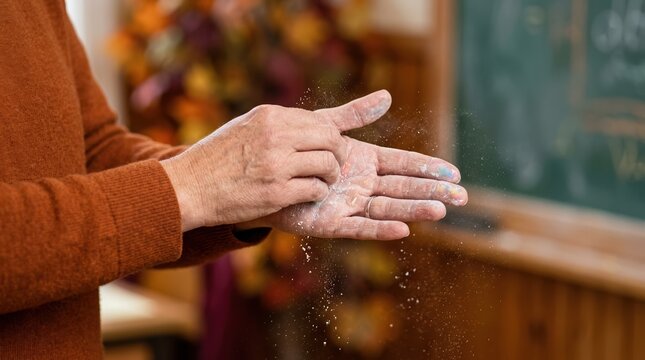 Senior female teacher clapping hands with chalk dust in classroom, concept of education and traditional teaching methods