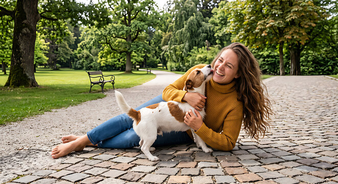 Happy Young Woman Playing with Cute Dog in Sunny Park While Relaxing Outdoors with Beloved Pet and Enjoying Nature