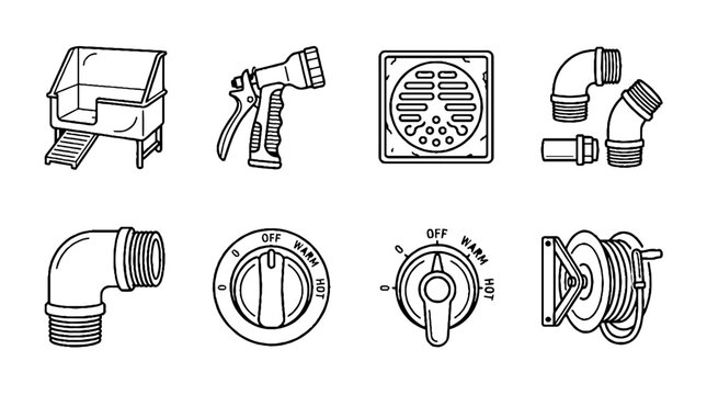 Set of plumbing and gardening equipment icons in black and white sketch style.