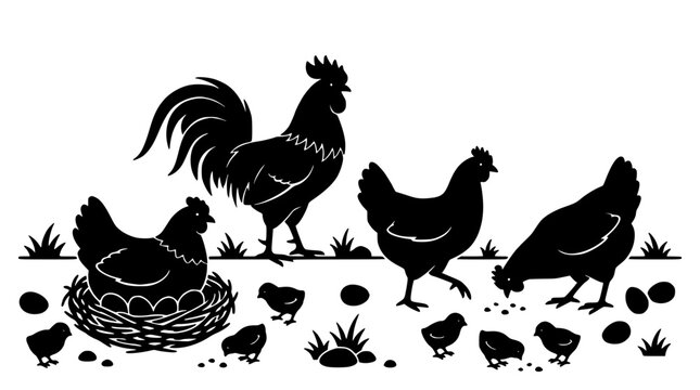 Chickens Farmyard Silhouette with Roosters, Hens, Eggs and Chicks, Black and White Vector Style for Agriculture Concept Design