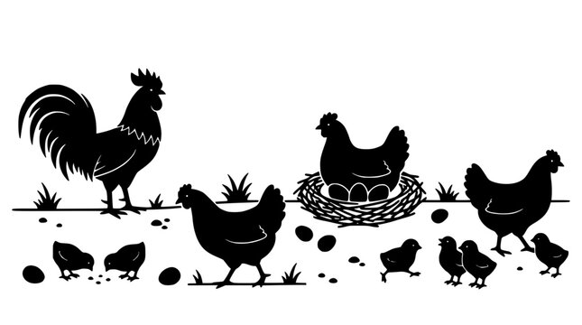 Chicken Farm Animals Vector Illustration with Rooster, Hens, Chicks, and Eggs in Black and White Flat Style