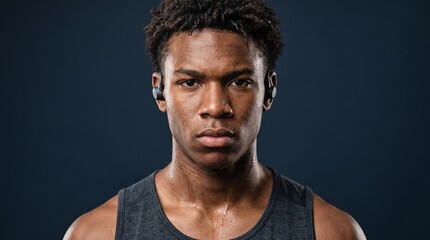 Obraz premium Young Black Man Sweaty After Workout Wearing Wireless Earbuds