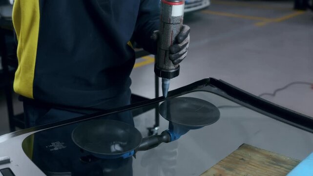 Gloved worker applying adhesive sealant with caulk gun onto vehicle windshield frame in garage