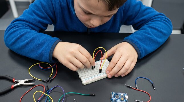 Young boy learning electronics with a breadboard and wires