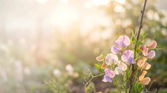 Pink sweet pea flowers blooming in a sunny garden with soft bokeh blur