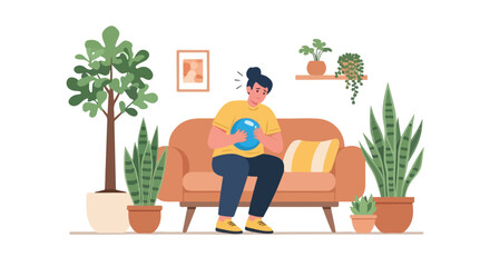A woman sits on a sofa in a living room filled with plants, looking distressed while holding a blue heating pad to her stomach for relief. © Andy