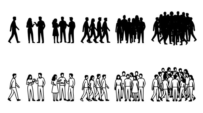People Silhouettes Showing Increasing Group Sizes From Single to Large Crowd Featuring Pair, Trio, Quadruple with Quintuple