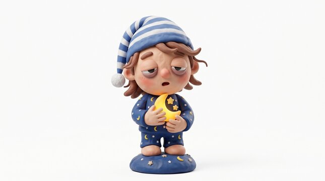 Tired Child in Pajamas Holding a Glowing Moon