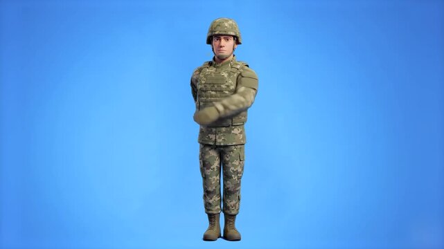 A 3D animated soldier in combat camouflage uniform stands at attention and delivers a respectful military salute. This clip is set against a clean, light blue background for easy presentation integrat