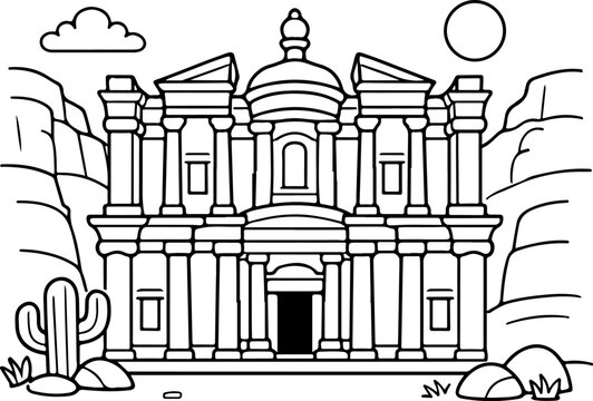 petra jordan landmark cartoon outline hand drawn Line Art illustration doodle art coloring page for kids