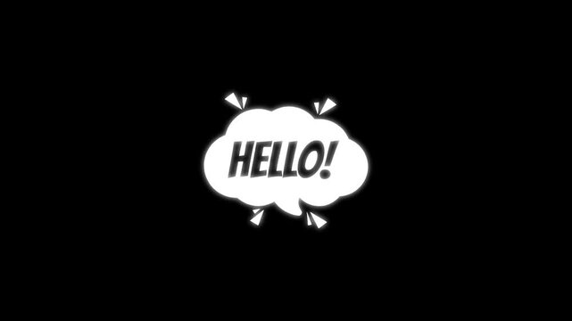 Animated comic book speech bubble saying hello on black background
