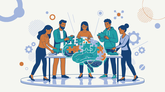 Diverse group of people working together on a brain model