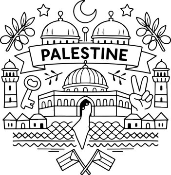 palestine landmarks cartoon outline hand drawn Line Art illustration doodle art coloring page for kids