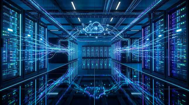 Futuristic Data Center with Flowing Blue Digital Energy and Cloud Computing Symbol