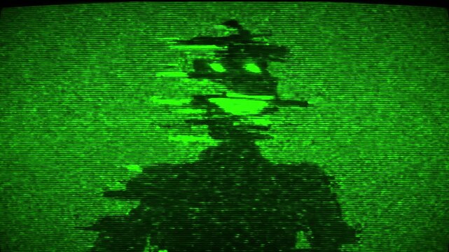 A distorted human silhouette flickers through heavy digital static and analog scanlines with a green night-vision hue. This unsettling sci-fi or horror asset is designed for surveillance footage aesth
