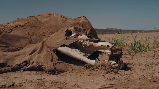Camel white skull bones and dried hide decomposing on arid desert ground in Morocco