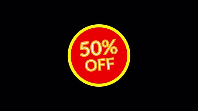 Animated Fifty Percent Off Red Sticker on Transparent Background, 50% off animation with Alpha Channel for Promotional and Marketing Videos.
