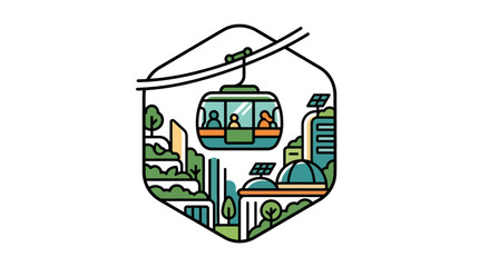Eco-friendly cable car transport in a green, sustainable city with solar panels. © Muh