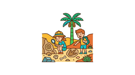 Kids Discover Fossils in Desert Landscape © Muh