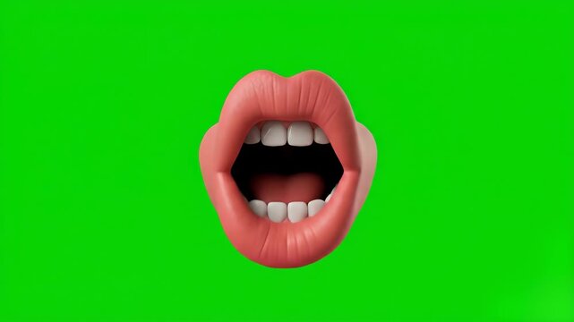 A realistic 3D human mouth actively engaged in speech, with the lips and tongue dynamically moving to form words and sounds against a solid green chroma key backdrop. Ideal for explainer videos, educa