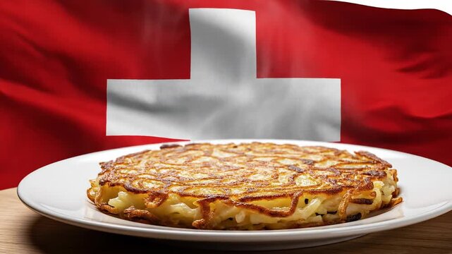 Swiss rosti potato pancake with national flag background