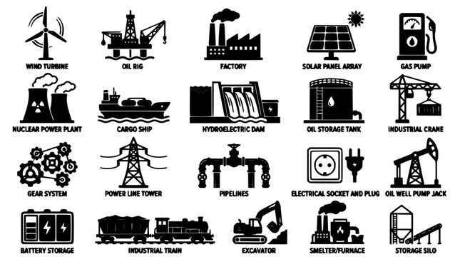 Flow Meter Industry Icon Set with Turbines and Power Generation Symbols on Clean White Background for Energy Concepts