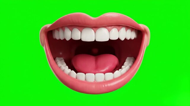 A dynamic 3D animation of a stylized human mouth widely open in joyful laughter, displaying clean white teeth and a moving tongue against a solid chroma key green backdrop. Perfect for comedy content,