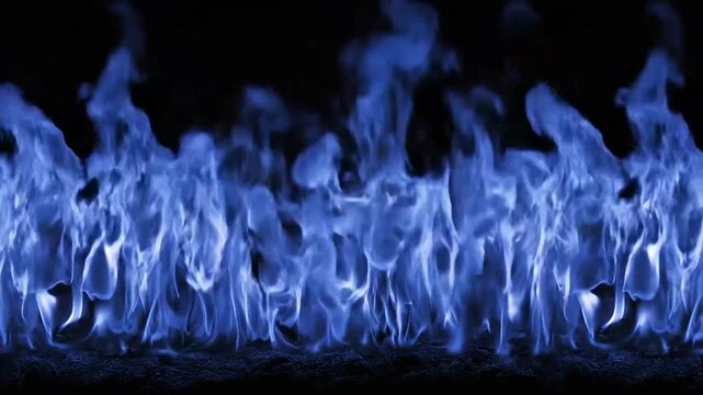 Row of Bright Blue Flames Against a Dark Background, Representing Abstract Energy, Heat, and Mystical Power.