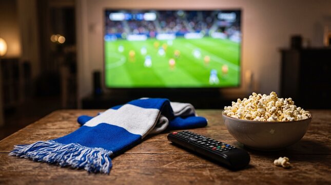 Soccer match on TV with fan scarf, remote and popcorn on a table in a dark room. Perfect for sports viewing concepts.