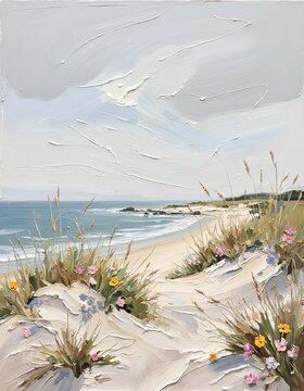 Coastal landscape with sandy dunes, wildflowers, and ocean view under cloudy sky