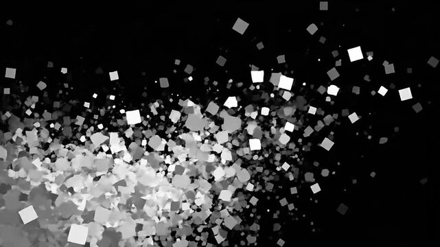 Abstract black and white background with dynamic square particles. Modern geometric design with scattering cubes and pixel effects.
