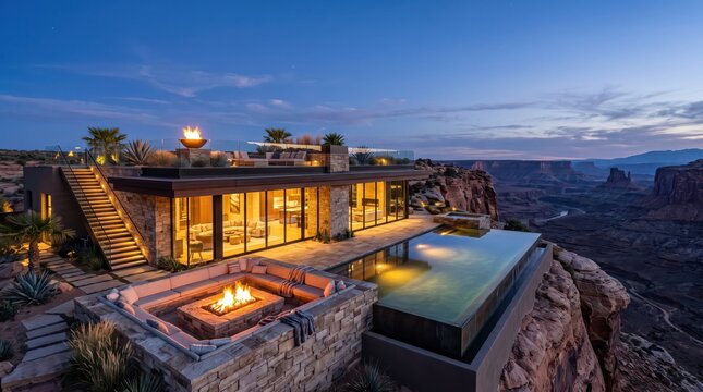 Canyon cliff house with infinity pool and fire pit at twilight