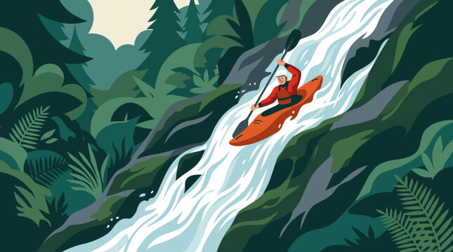 Dynamic flat illustration of a solo kayaker navigating turbulent white water rapids through a lush green forest