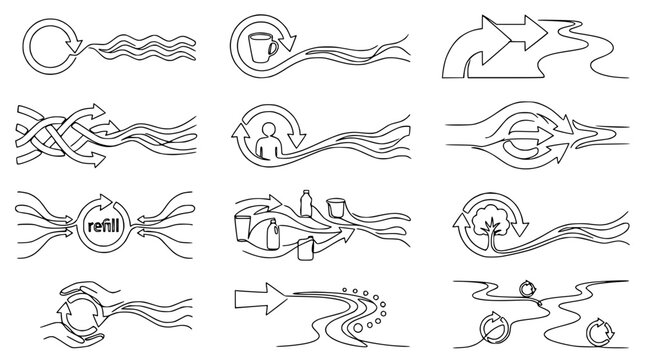 Recycling Arrows and Flow Icons: Sustainability, Circular Economy, Renewal, Water, Nature