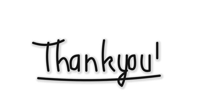 Animated handwriting text saying thank you with an underline appearing on a solid white background