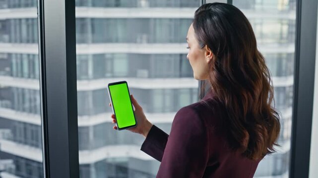 User tapping mockup cellphone choosing purchases in panoramic cabinet closeup