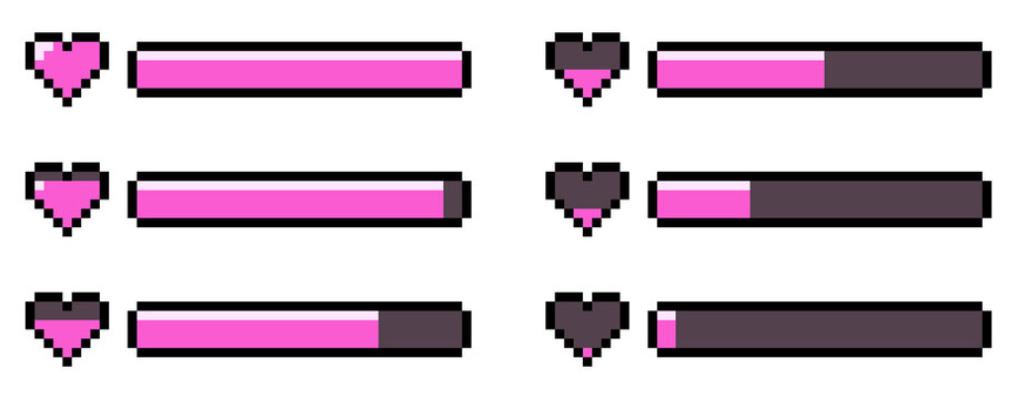 8-bit pixel art game pink heart HP health bar set