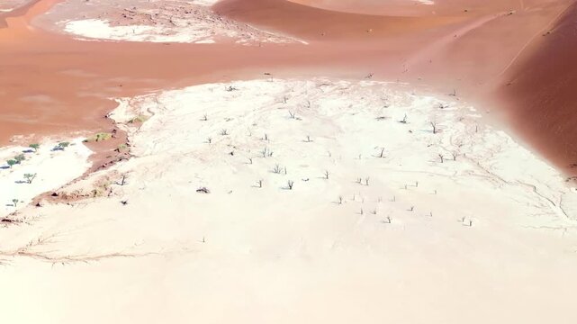 Drone view along a sharp dune ridge curving past the white pan of Sossusvlei in the Namib desert. The towering red dunes glow against the pale cracked clay pans of this ancient desert wilderness.