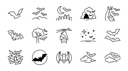 Obraz premium Bat Icons Set: Night Flight, Cave, Cityscape, Halloween & Nature Elements