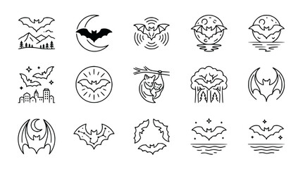 Obraz premium Minimalist Bat Icons Set: Moon, Night Sky, Nature, Animals, Halloween & Mystery